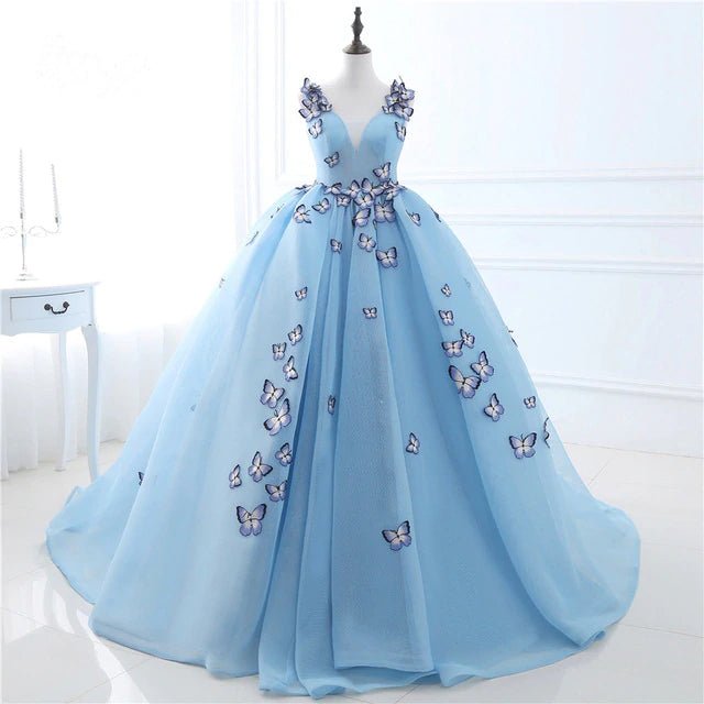 Quinceanera Dress Sky Blue Butterfly Flowers Lace Up Ball Gowns Long Prom Dresses