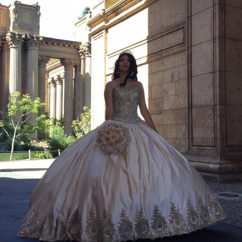 Sweetheart Embroidery Satin Champagne Quinceanera Dresses Lace Ball Gowns