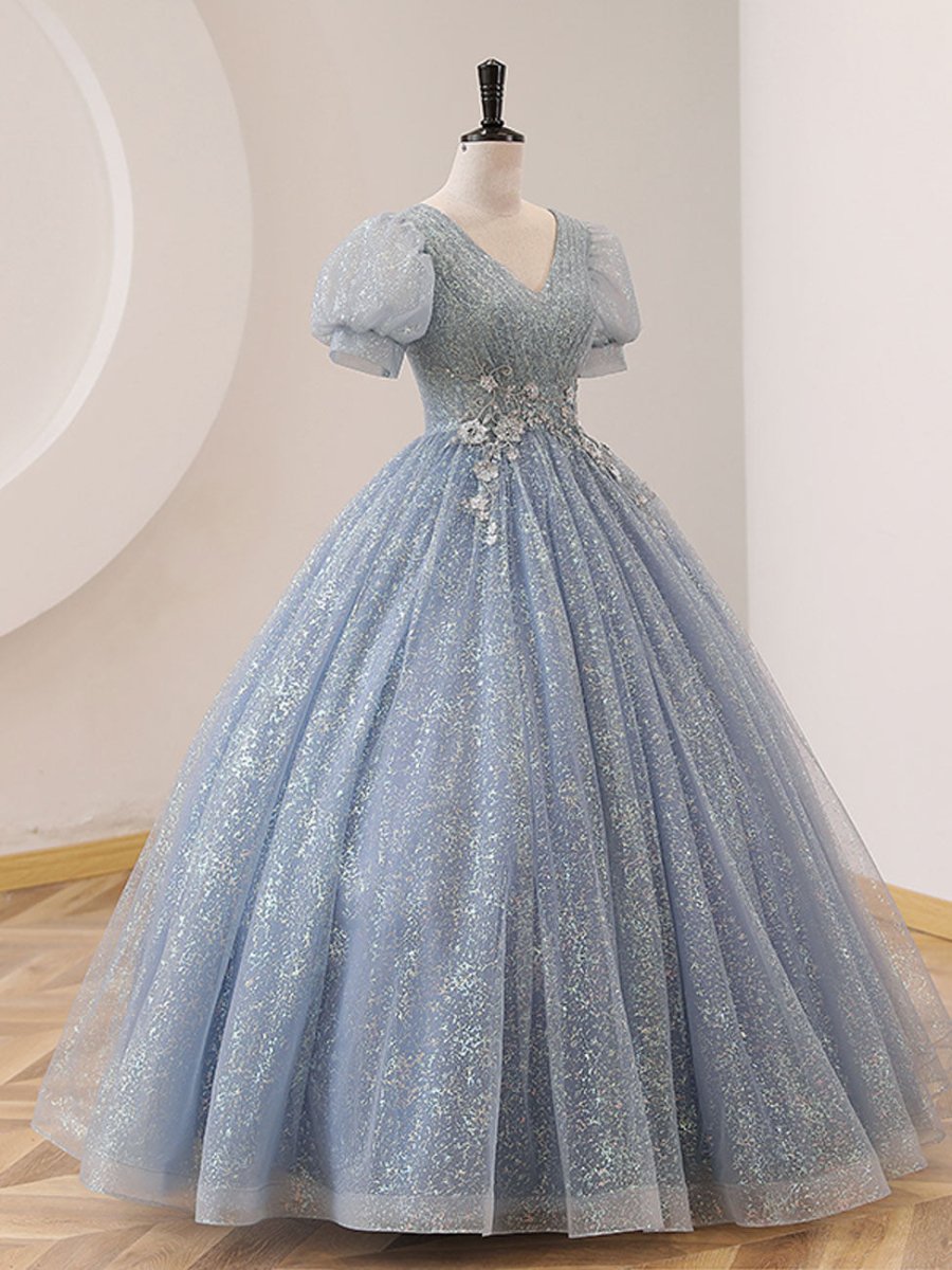 Quinceanera Dress V Neck Tulle Sequin Gray Blue Long Prom Dress