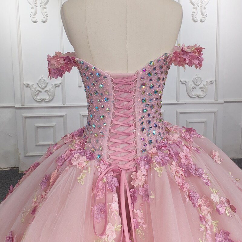 Quinceanera Ball Gown Off-the-Shoulder Sequined Pink Dress