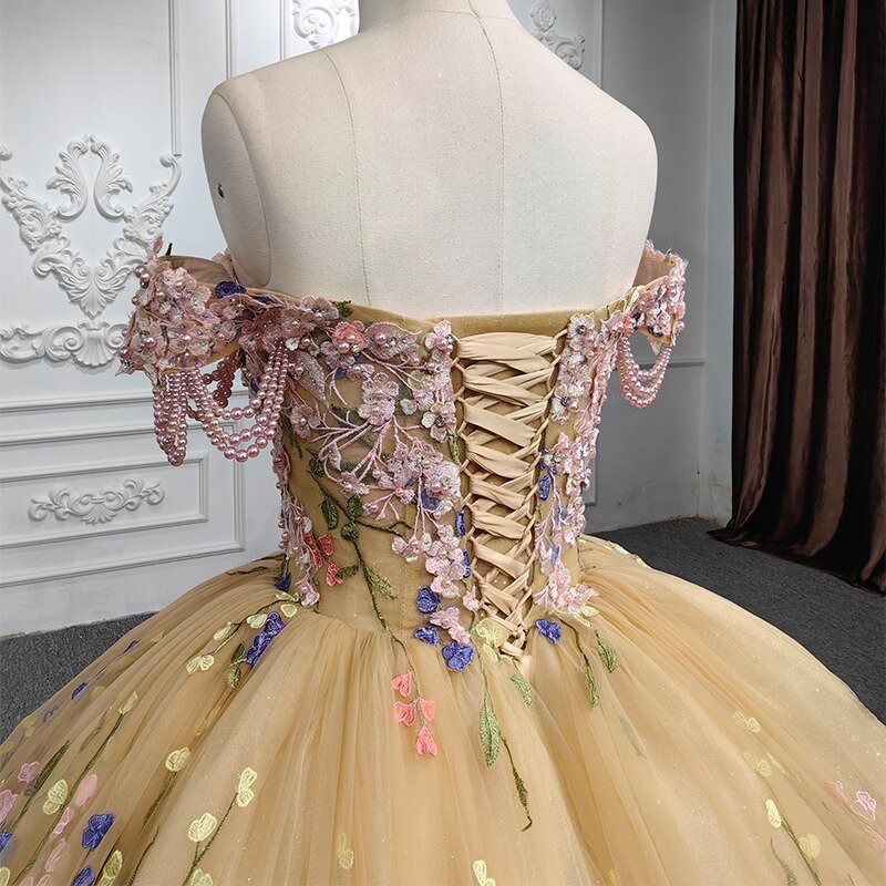 Quinceanera Flower Off-the-Shoulder Ball Gown Dress