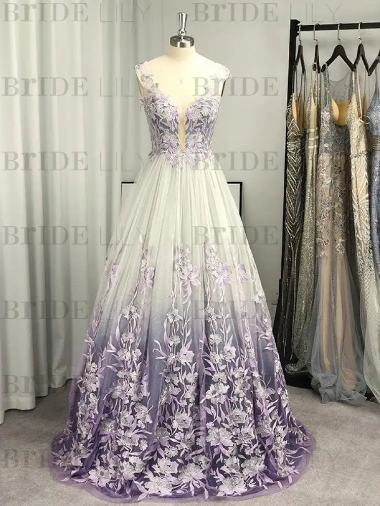 A-Line/Princess V-neck Tulle Applique Sleeveless Floor-Length Dresses