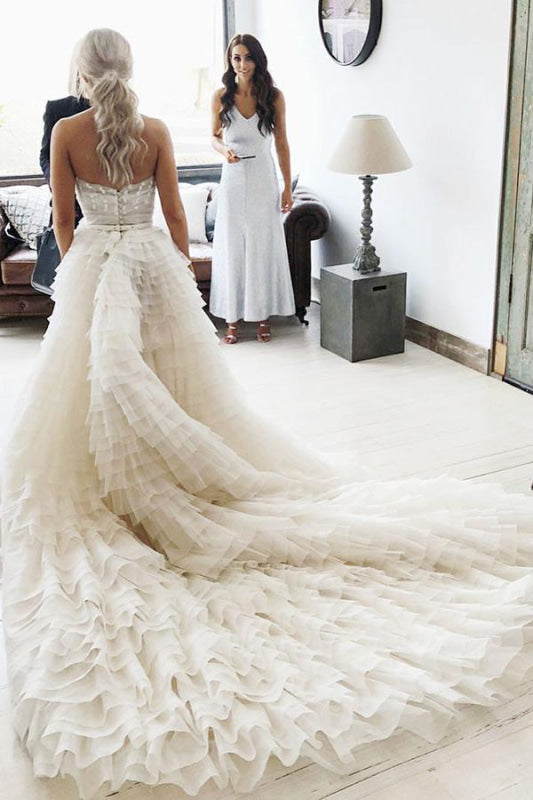 A-Line Strapless Tiered Court Train Ivory Tulle Beach Wedding Dress