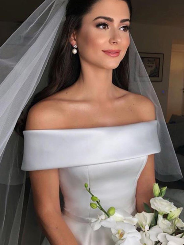 Amazing Off-the-Shoulder A-line Satin Wedding Dresses Covered Button