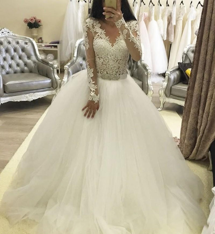Ball Gown Sleeves V Neck Tulle Princess Long Wedding Dress