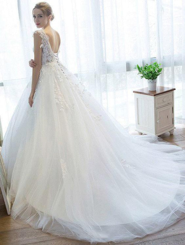Ball Gown V Neck Tulle Court Train Appliques Lace Backless Wedding Dress
