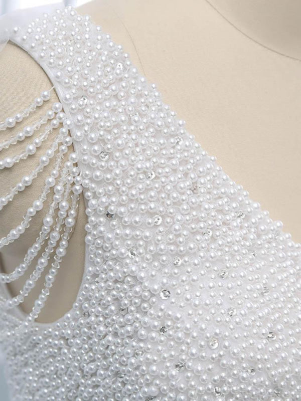 Beautiful V-neck Pearls Princess Wedding Dresses
