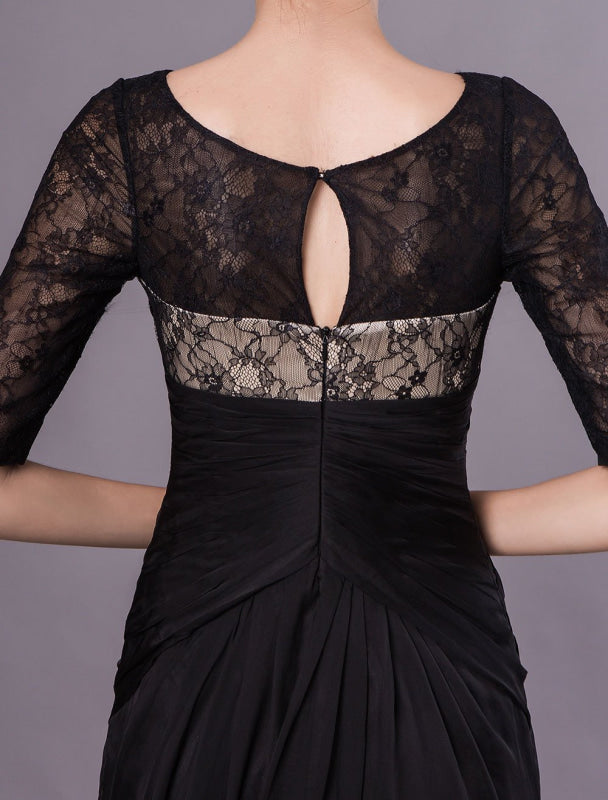 Black Evening Dresses Half Sleeves Lace Beading Chiffon Long Formal Dress