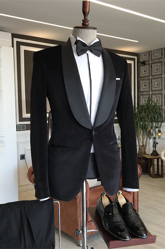 Black Shawl Lapel Two Pieces Velvet Wedding Groom Suits One Button Wedding Suits