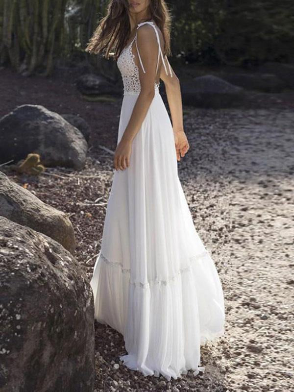 Boho Wedding Dresses Chiffon V Neck A Line Straps Sleeveless Bows Lace Bridal Gowns Ruffle Hem Bridal Dress For Beach Wedding