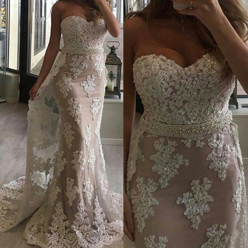 Bridelily Tulle Appliques Pearl Wedding Dresses Mermaid Beaded Sweetheart with Train