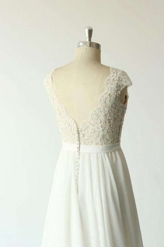 Bridelily Cap Sleeve Lace Chiffon A-line Wedding Dress