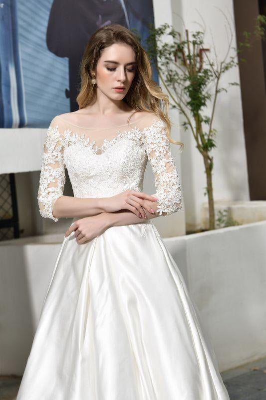 Bridelily Elegant Lace-up A-Line Applique Satin Wedding Dress