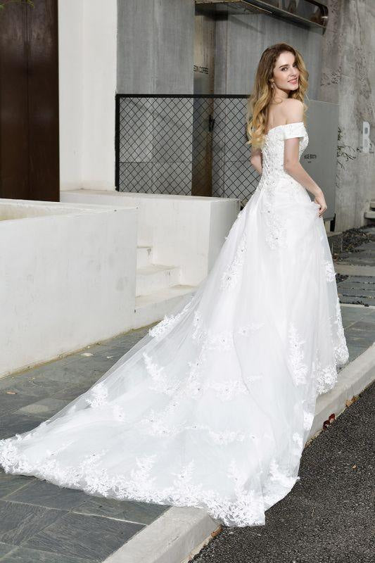 Bridelily Gorgeous A-Line Lace Off Shoulder Wedding Dress