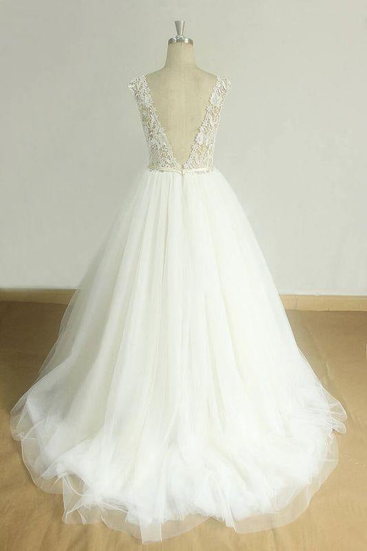 Bridelily Graceful Open Back Lace Tulle A-line Wedding Dress