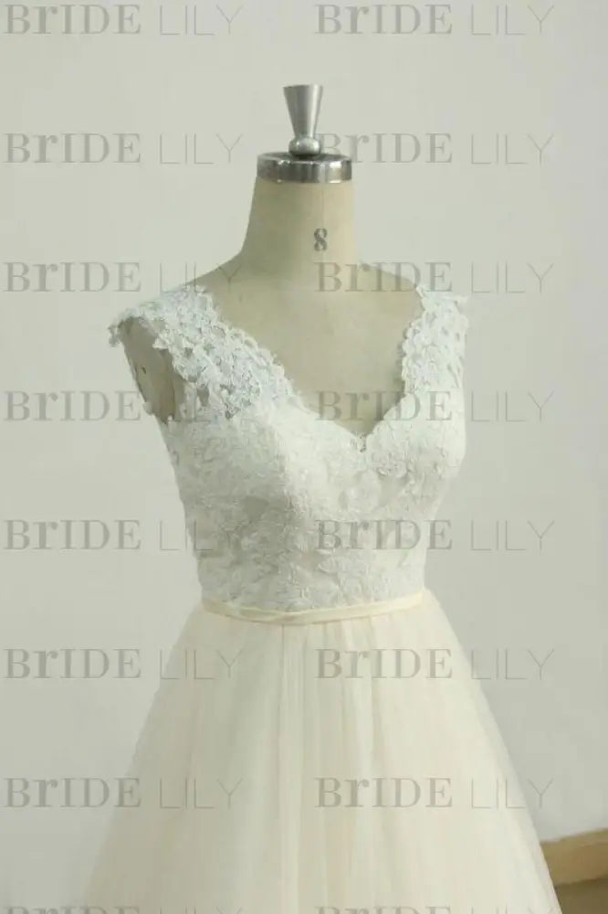 Bridelily Graceful V-neck Lace Tulle A-line Wedding Dress