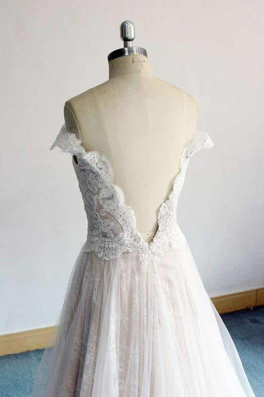 Bridelily Latest Off Shoulder Lace Tulle A-line Wedding Dress