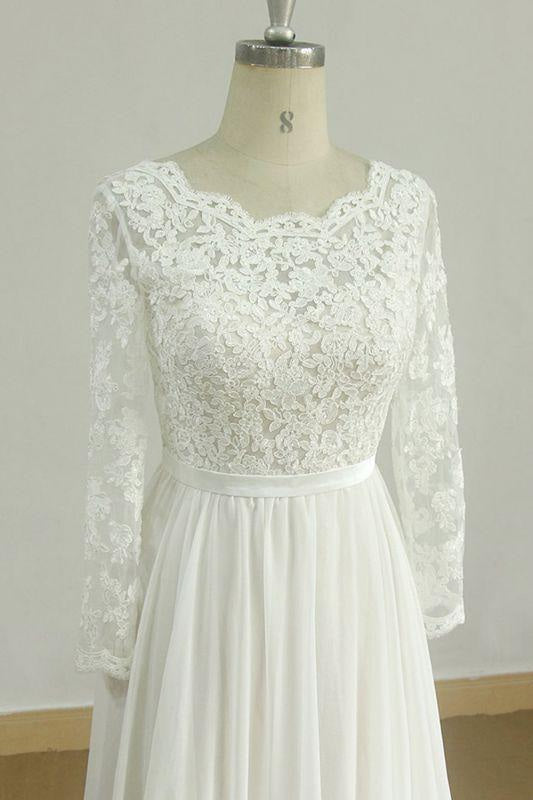 Bridelily Long Sleeve A-line Lace Chiffon Wedding Dress