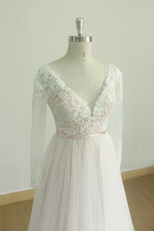 Bridelily Long Sleeve Lace Tulle A-line Wedding Dress