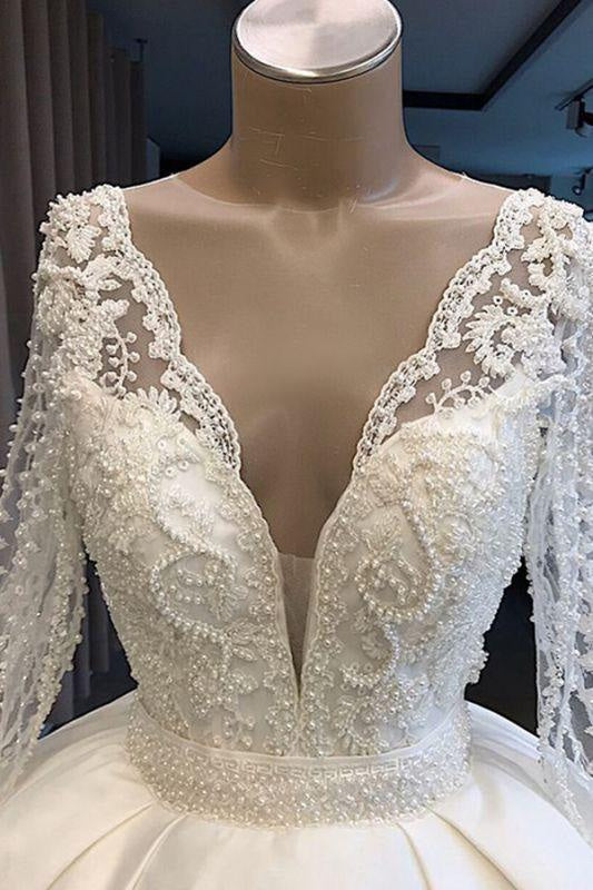 Bridelily Long Sleeve V-neck Ball Gown Satin Wedding Dress