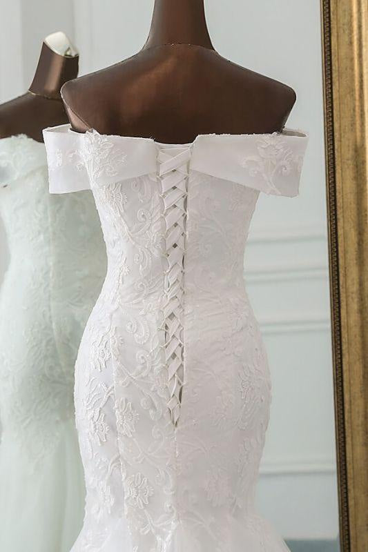 Bridelily Off Shoulder Appliques Tulle Mermaid Wedding Dress