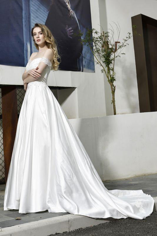 Bridelily Off the Shoulder Appliques Satin Wedding Dress