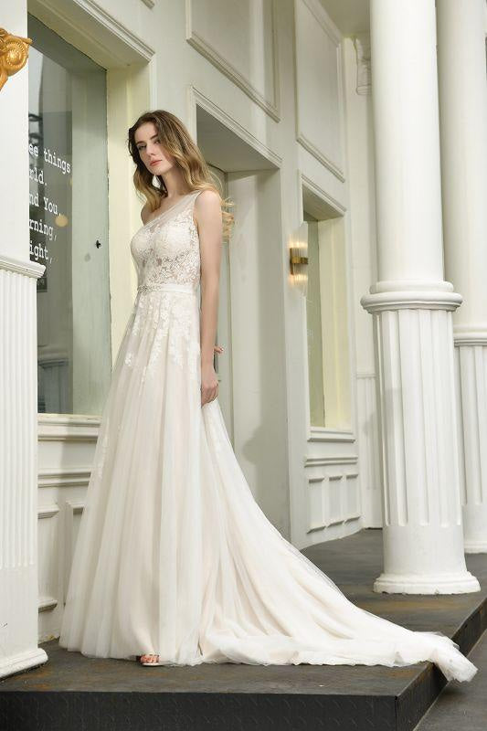Bridelily One Shoulder Tulle Lace A-Line Wedding Dress