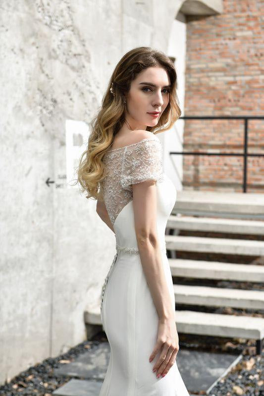 Bridelily Short Sleeve Mermaid Satin Lace Wedding Dress
