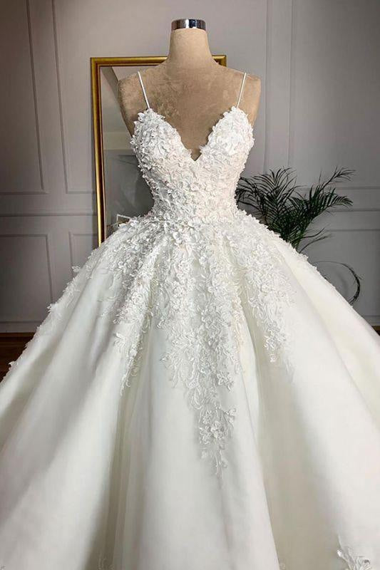 Bridelily Spaghetti Strap Appliques Satin Wedding Dress