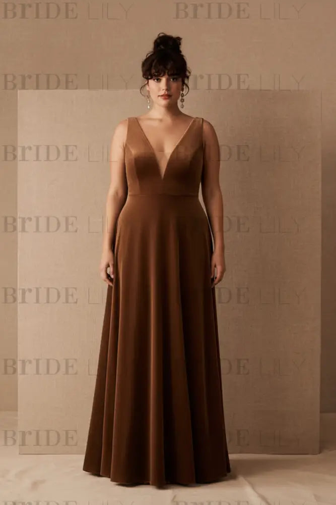Brown Velour Evening Dress A-Line V-Neck Floor-Length Formal Dinner Dresses Sleeveless