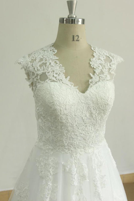 Cap Sleeve Appliques Tulle A-line Wedding Dress