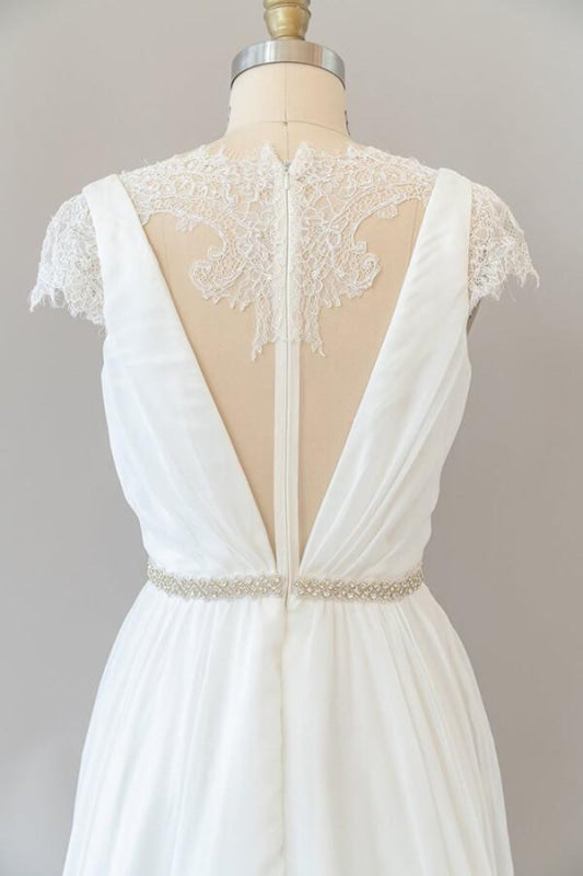 Cap Sleeve V-neck Lace Chiffon Sheath Wedding Dress