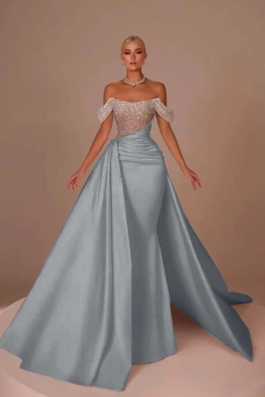 Chic Glitter Off-Shoulder Satin Mermaid Chapel Train Wedding Dress