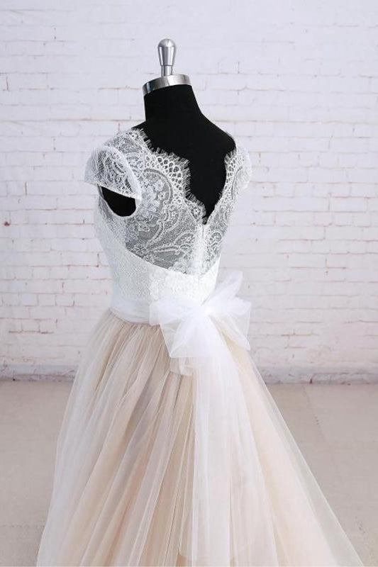 Cute Bow Lace V-neck Tulle A-line Wedding Dress
