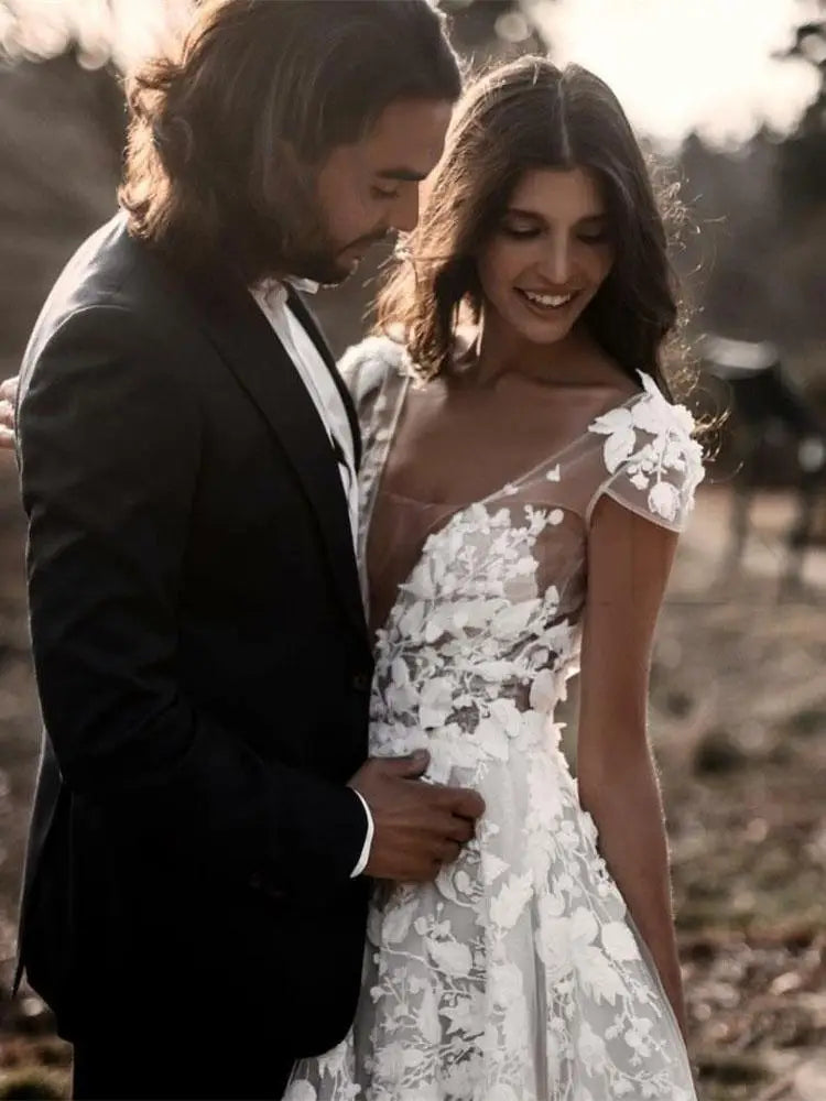 Deep V Neck Short Sleeve Backless A Line Wedding Dresses