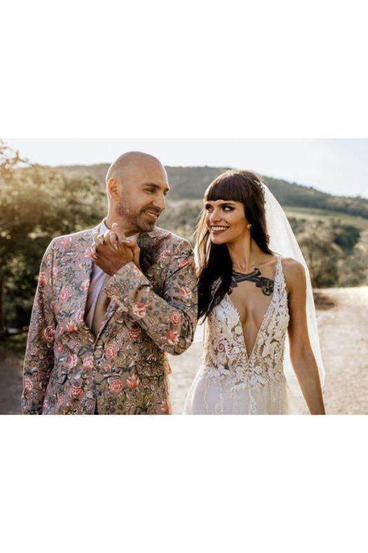 Deep V Neck Thigh Split Beach Vintage Wedding Dress