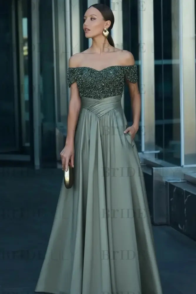 Off-the-Shoulder Dark Green Satin Aline Formal Dress with Beadings