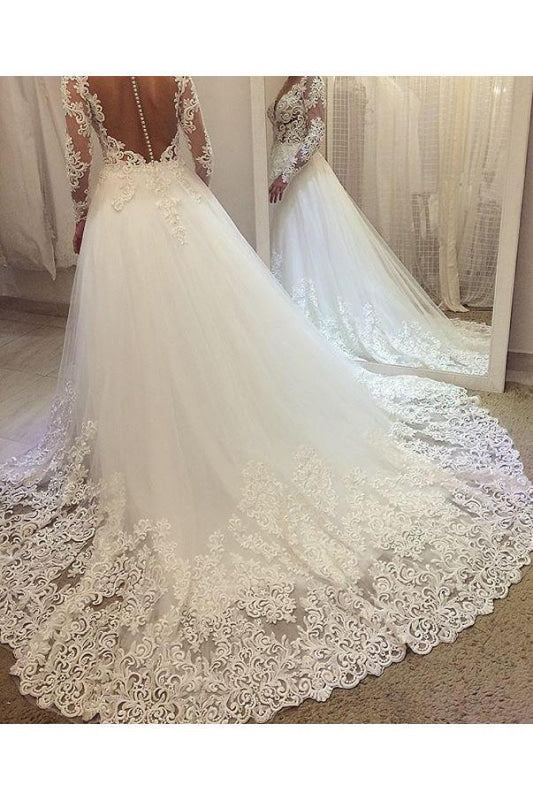 Elegant Beading Lace Long Sleeve Sheer Neck Ball Gown Wedding Dress