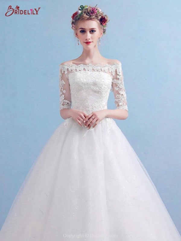 Elegant Off-the-Shoulder Long Sleeves Lace Ball Gown Wedding Dresses