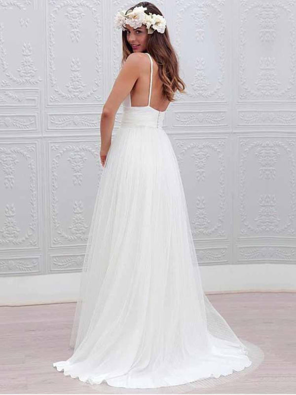 Elegant Spaghetti Straps V-Neck Tulle Wedding Dresses
