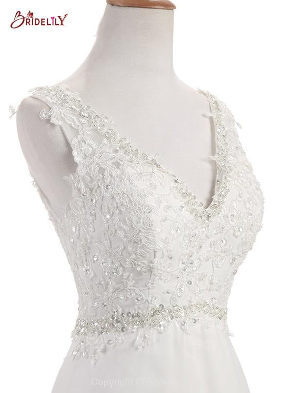 Elegant V Neck Lace Chiffon A-Line Wedding Dresses
