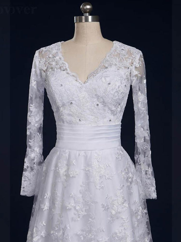 Elegant V-Neck Long Sleeves Covered Button Lace Wedding Dresses