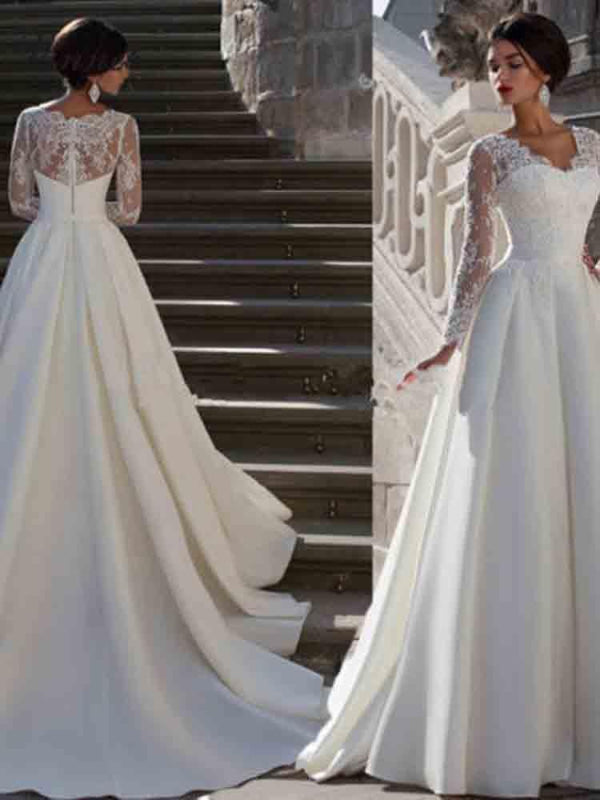 Elegant V-Neck Long Sleeves Lace Ruffles Wedding Dresses