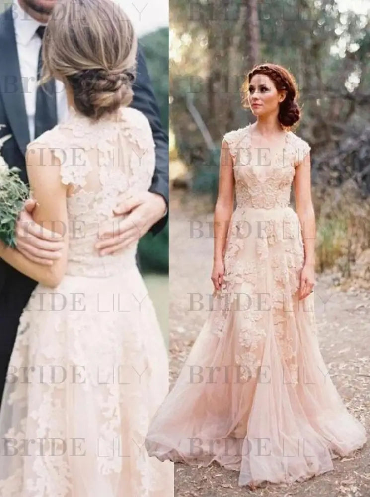 Elegant V-neck Sleeveless Cap Sleeves Lace Wedding Dress Aline