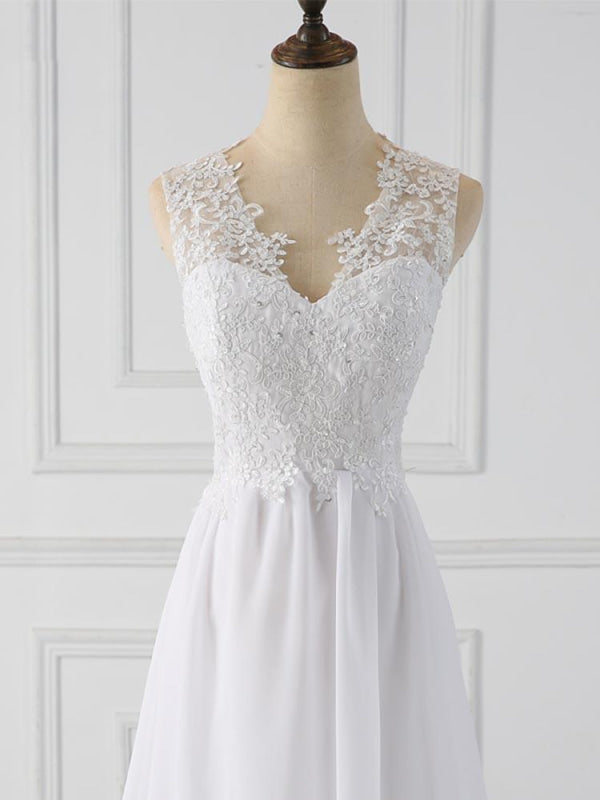 Elegant V-Neck Sleeveless Covered Button Ruffles Wedding Dresses
