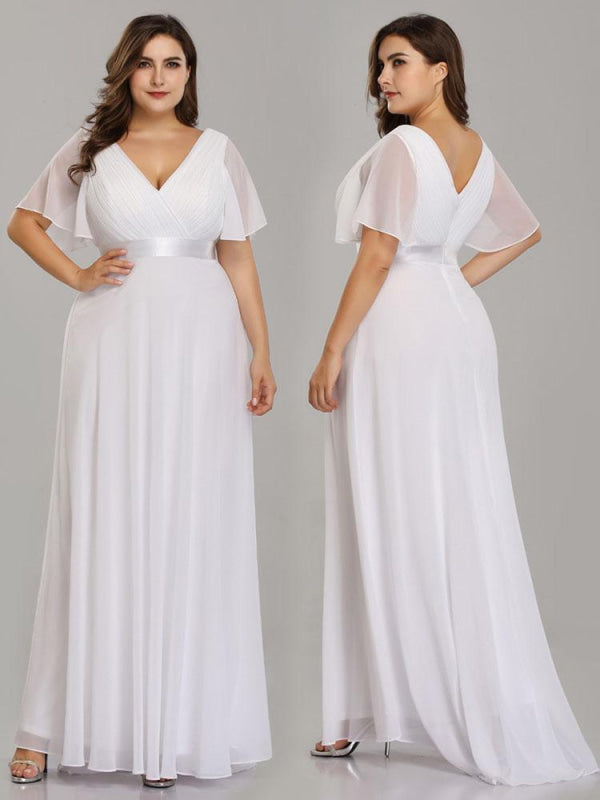 Empire Waist V-neck Half-Sleeves Ruffles Wedding Dresses