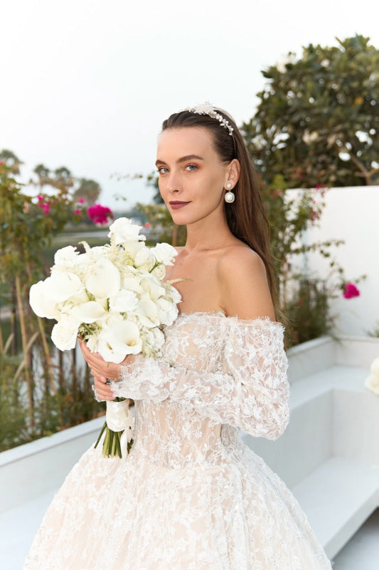 Exquisite Off-the-Shoulder Lace Aline Wedding Dress Long Sleeves
