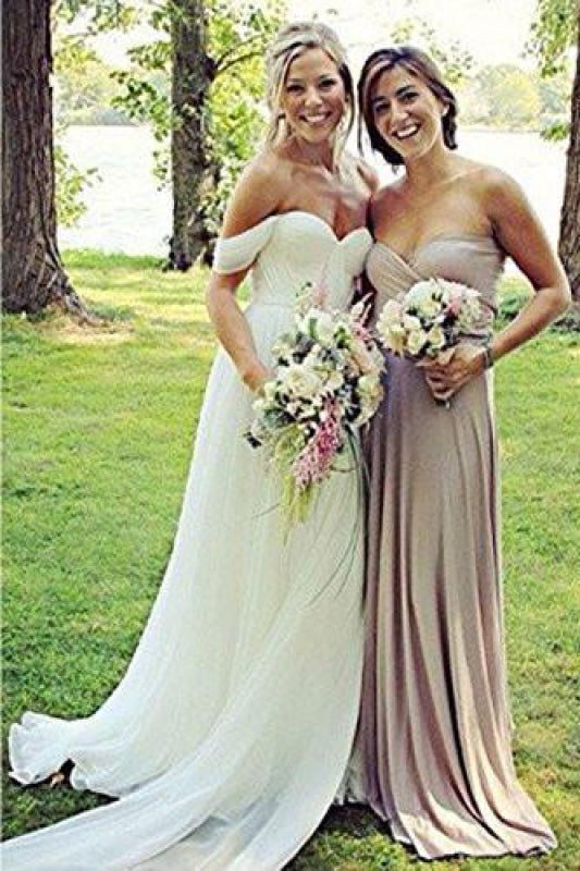 Flowy Off the Shoulder Chiffon Beach Simple Long Pleated Wedding Dress