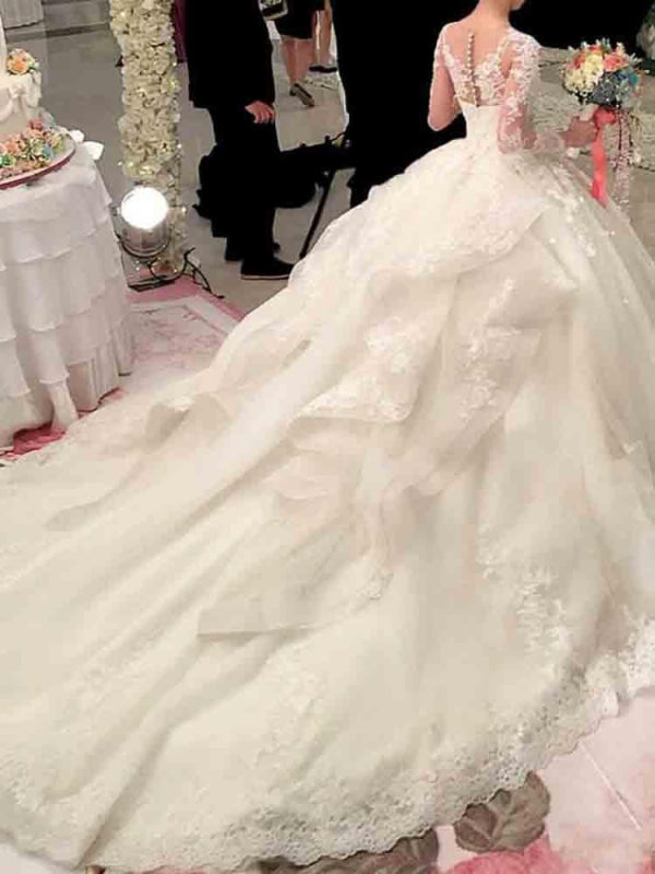 Glamorous Long Sleeves Lace Beaded Ball Gown Wedding Dresses