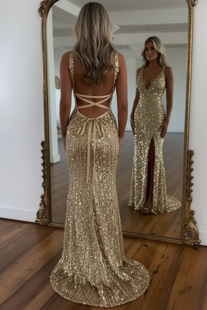 Glitter Sequins Sleeveless V Neck Prom Dress Long with Split